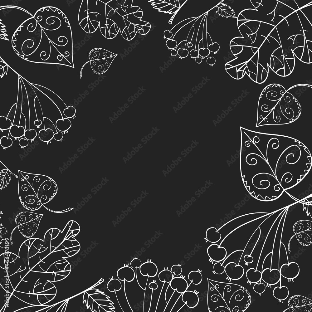 Obraz premium Square frame with contoured autumn leaves on a dark brown background. Vector. Suitable for postcards, business cards, covers.