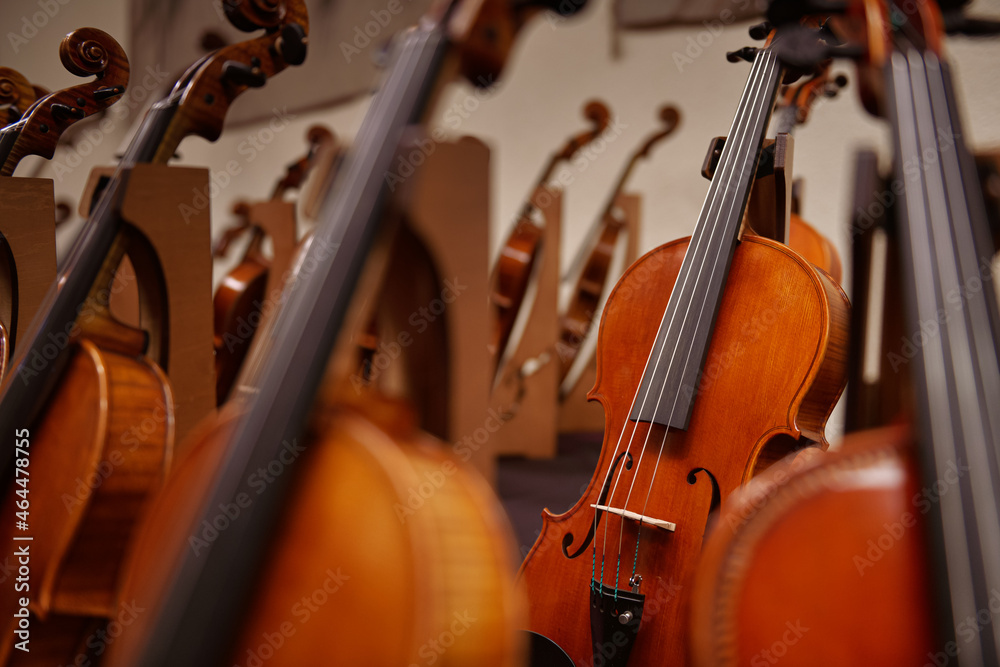Fototapeta premium Music sound industry. Close up view with a lot of violins made of wood.