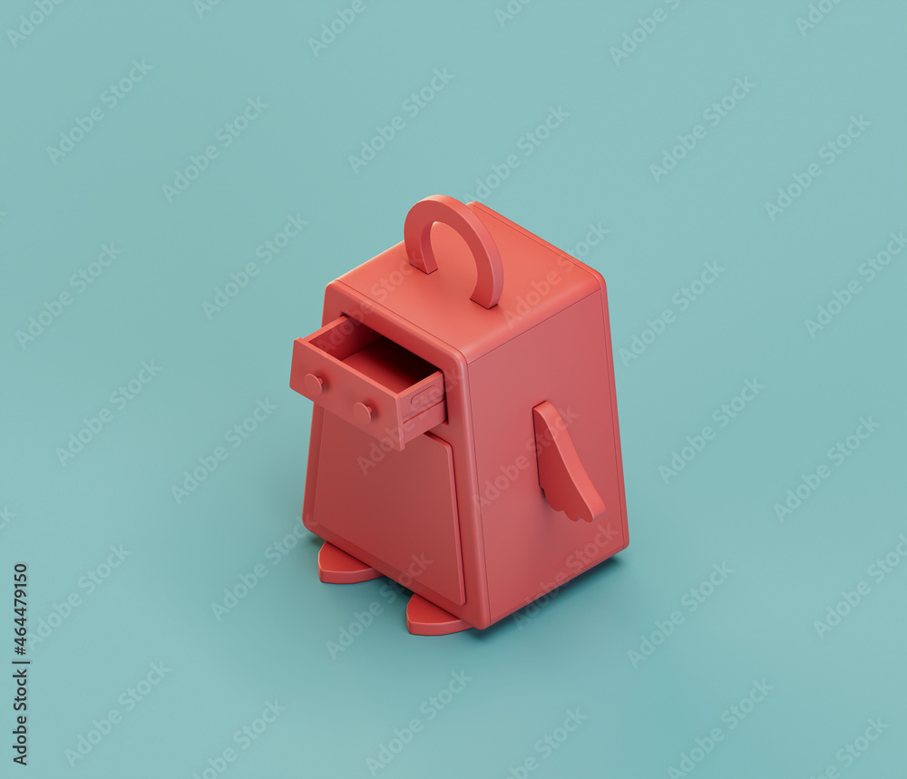 Obraz premium A box with drawer in the shape of a penguin. Isometric red color preschool kindergarden object for physical and mental development of children. Monochrome single color, 3d rendering