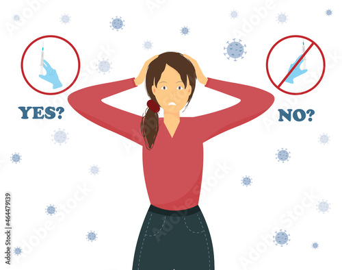 Young anxious woman trying to make decision to vaccinate or not, health care concept, anti vaccination concept, flat vector illustration