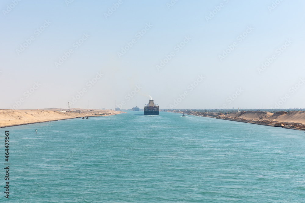Landscapes of Suez Canal, Egypt. View from transiting cargo ship.