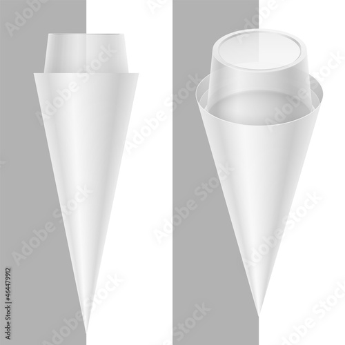 Ice cream cone with transparent frustum shaped cover. Blank vector realistic packaging mockup illustration.