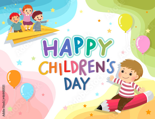 Happy Children’s Day vector background with happy kids on the pencil and paper airplane.