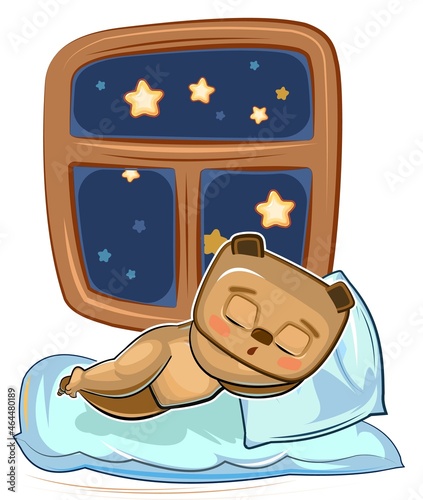 Baby Bear sleeps in bed. Dreaming Near the window. Night and stars. Childrens illustration. Nice baby animal fell asleep. Cartoon style picture. Isolated on white background. Vector