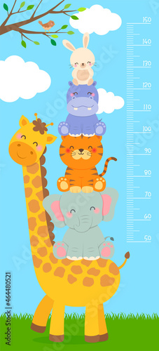 Kid height scale from 50 to 150 centimeter with cute safari animals cartoon illustration.