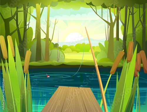 Pier for fishing on coast of river or lake. Wild pond. Summer landscape. Rural fields and mountains in the distance. Water flow and shallow waves. Illustration vector.
