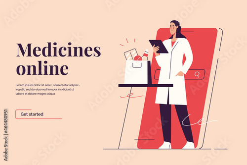 Vector illustration on the subject of online pharmacy, medicines ordering via smartphone. Editable stroke © rikkyal