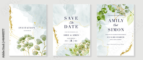 Luxury wedding invitation card background  with golden line art flower and botanical leaves, Organic shapes, Watercolor. Abstract art background vector design for wedding and vip cover template.