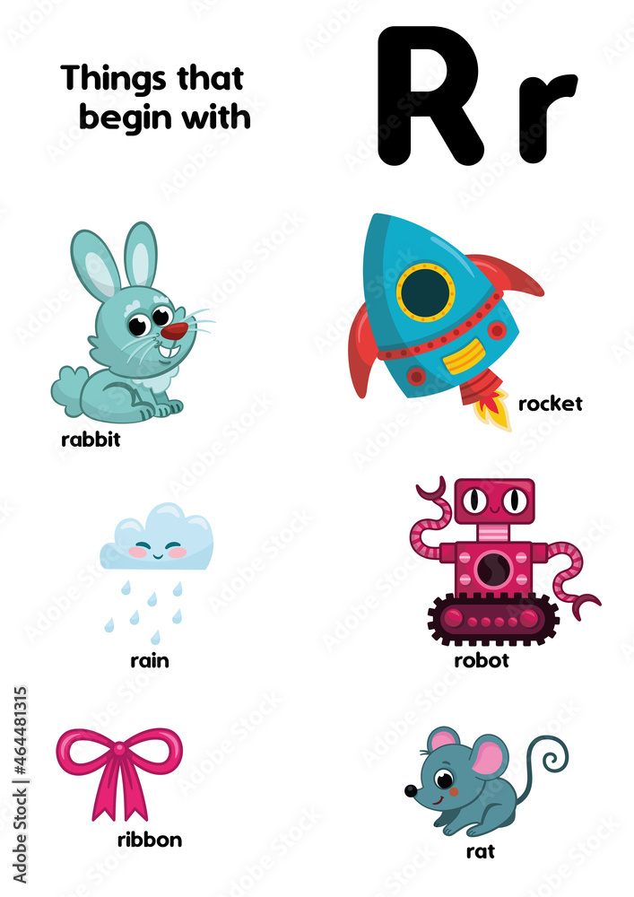 Things that start with the letter R. Educational, vector illustration for children.