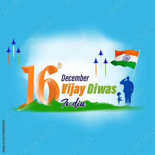 Vector illustration of Vijay Diwas (VICTORY DAY)banner, 16 december 1971, India flag, soldier with rifle and helmet, flying birds, banner template for websites.