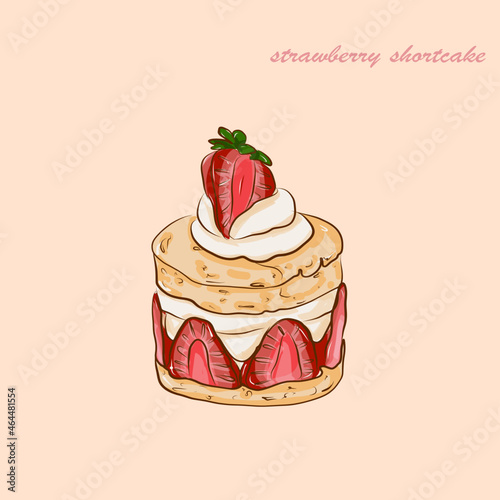Fényképezés Vanila shortcake with strawberry wipping cream filling with fresh strawberry on top vector illustration