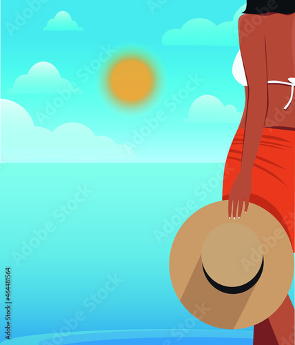 3 Digital illustration of a girl in a hat sunbathing and swimming on vacation on the beach of the ocean sea