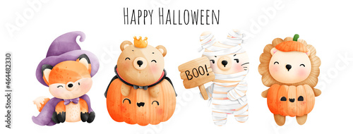 Digital painting watercolor Halloween Animal, Festive animal woodland.