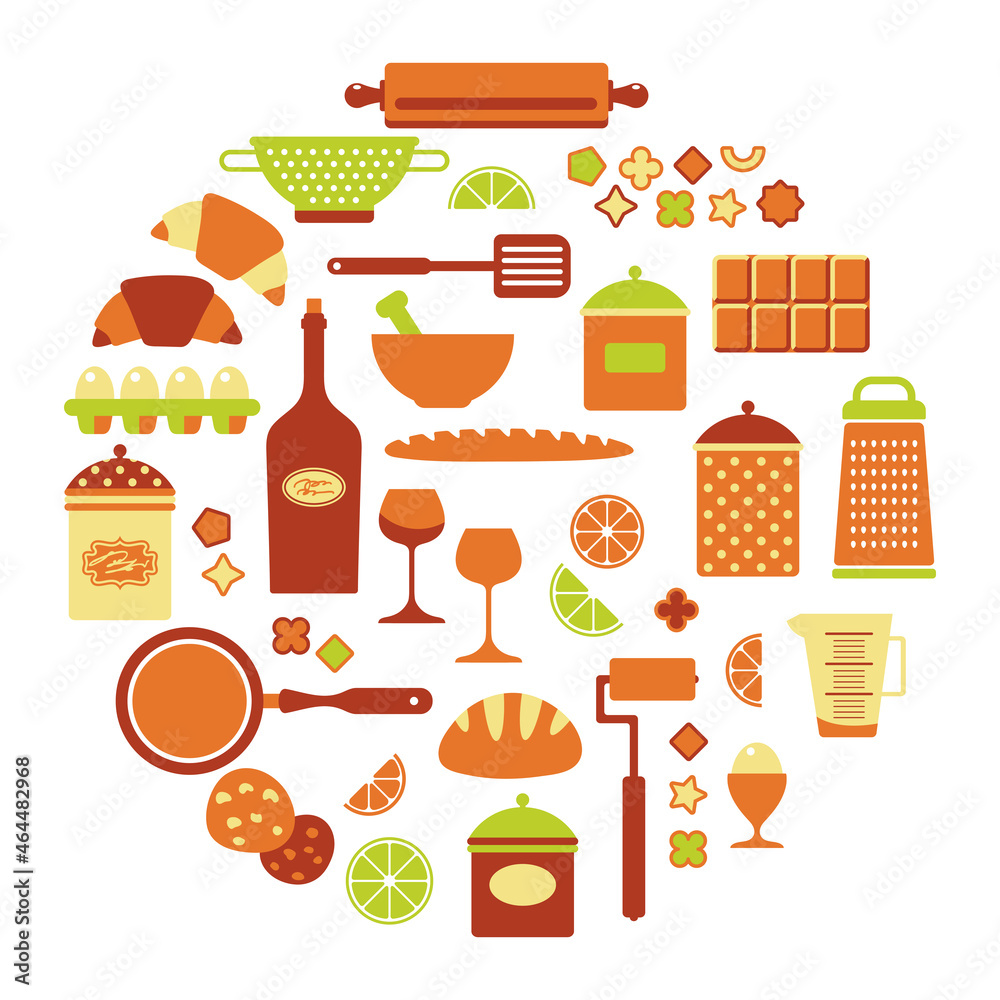 Vector set of food icons, bakery, kitchen equipment, utensil. Isolated objects on white background. A set of items on the theme of cooking. Flat cartoon vector illustration about food and cooking. Vector set of food icons, bakery, kitchen equipment, utensil. Isolated objects on white background. A set of items on the theme of cooking. Flat cartoon vector illustration about food and cooking.