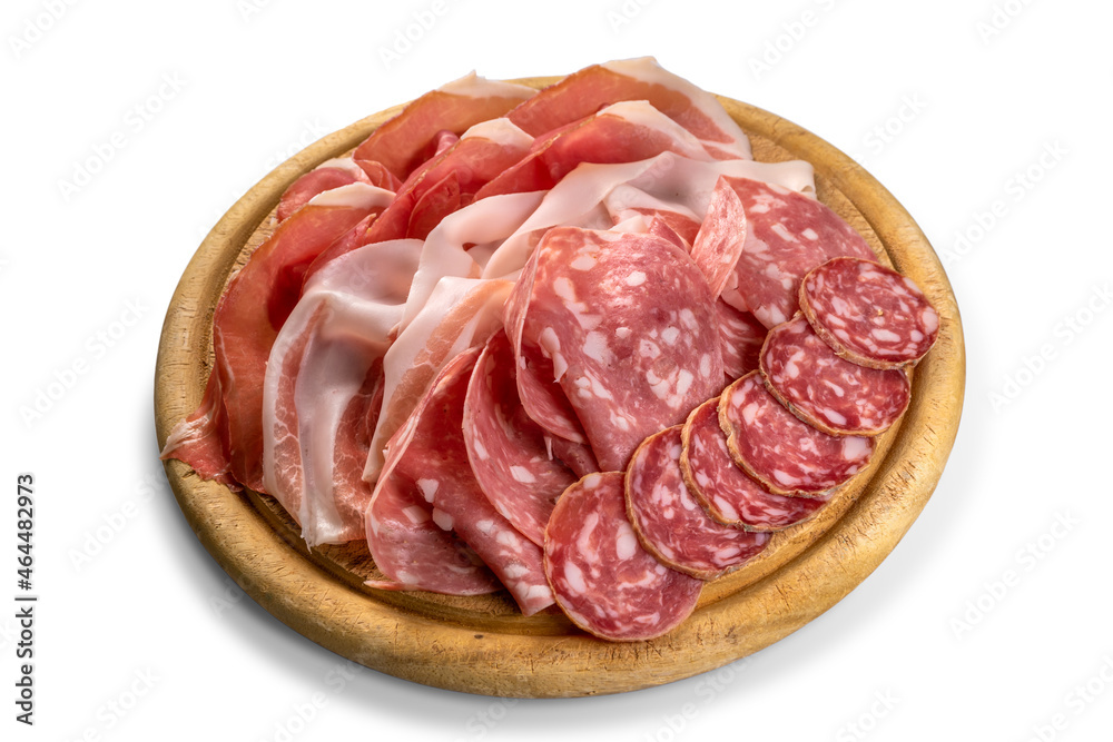 Salami, sausage and Parma ham sliced on wooden cutting board, tasty Italian appetizer isolated on white Salami, sausage and Parma ham sliced on wooden cutting board, tasty Italian appetizer isolated on white