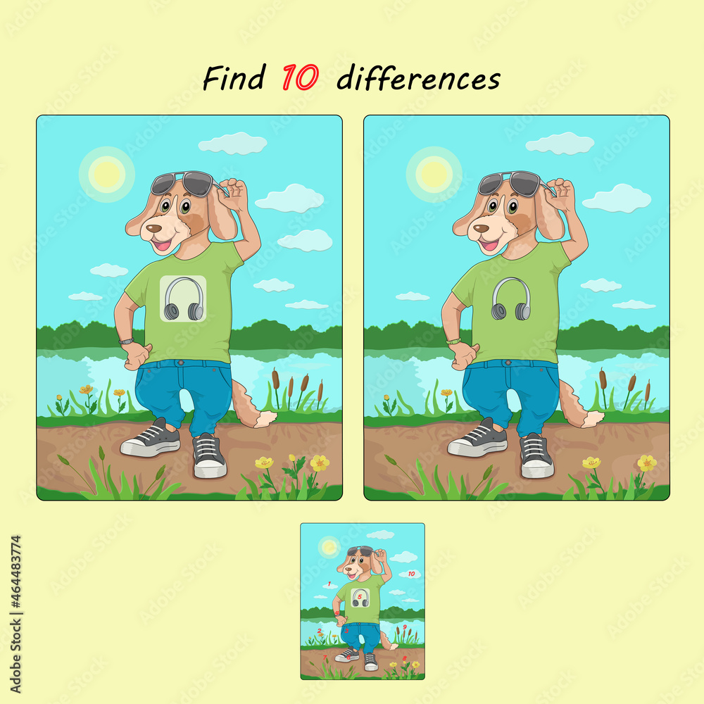 Obraz premium riddles and puzzles for children 10 differences cartoon dog in sneakers and glasses on the background of nature