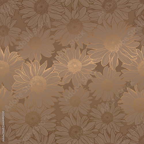 Luxury art deco gold metallic seamless pattern of sunflowers, linear drawing in bronze color. Decorative print for wallpaper, wrapping, textile, fashion fabric.