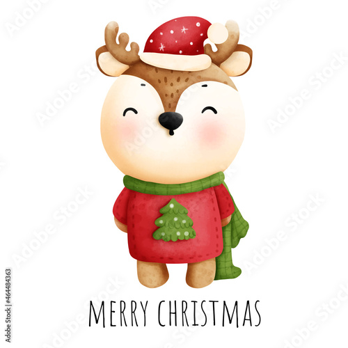 Digital painting watercolor Christmas banner with cute reindeer
