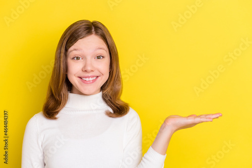 Photo of attractive nice small girl hold hand empty space object offer smile isolated on yellow color background