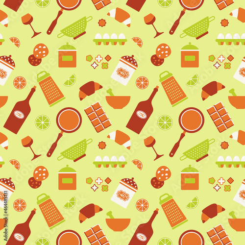 Seamless texture of food icons, bakery, kitchen equipment, utensil. Flat cartoon vector llustration about food and cooking.