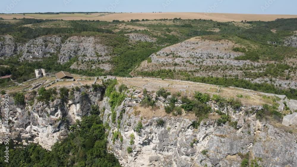 Aerial view of Ruins of medieval fortificated city of Cherven from period of Second Bulgarian Empire, Ruse region, Bulgaria