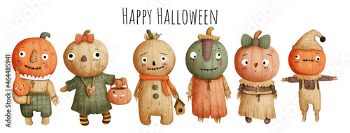 Digital painting watercolor Happy Halloween with scarecrow. Vector illustration