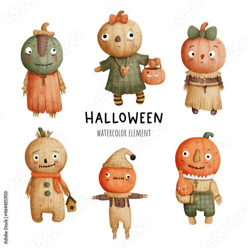 Digital painting watercolor Happy Halloween with scarecrow. Vector illustration