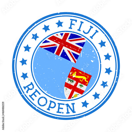 Fiji Reopening Stamp. Round badge of the country with the flag of Fiji. Reopening after lockdown sign. Vector illustration.