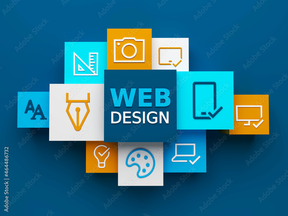 3D render of top view of WEB DESIGN concept with symbols on colorful cubes on dark blue background