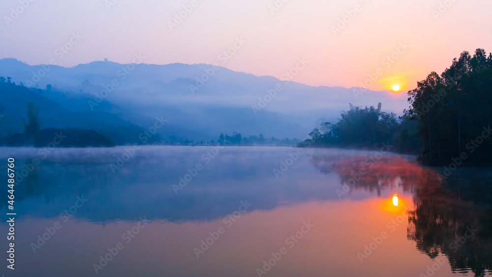 Scenery of Pa Khong Lake at sunrise.
