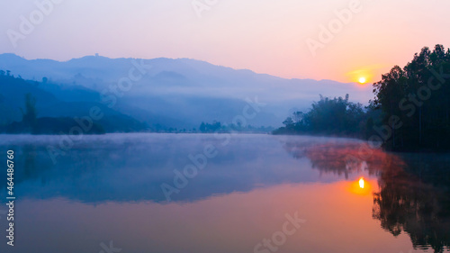 Scenery of Pa Khong Lake at sunrise.