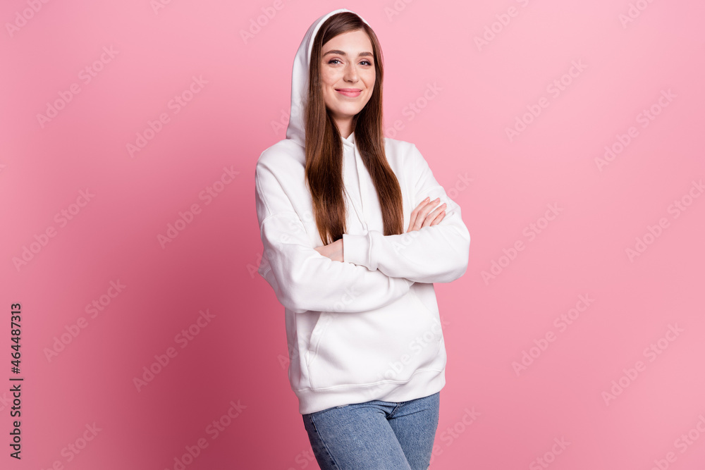 Photo of young girl happy positive smile confident crossed hands isolated over pastel color background Photo of young girl happy positive smile confident crossed hands isolated over pastel color background