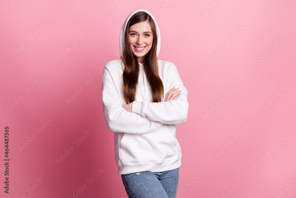 Photo of young girl happy positive smile folded hands hands wear hoodie isolated over pastel color background Photo of young girl happy positive smile folded hands hands wear hoodie isolated over pastel color background