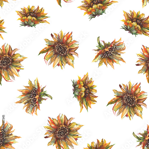 Sunflowers, seamless pattern. Watercolor flowers. Print for fabric, wrapping paper, wallpaper