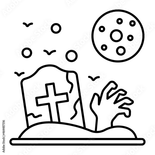 zombie hand in front of full moon with grave stone and bats Concept , Scary night Scene Vector Line Icon Design, Halloween costume Symbol, Holiday Celebrations Sign, Saints Eve festivals Stock illustr