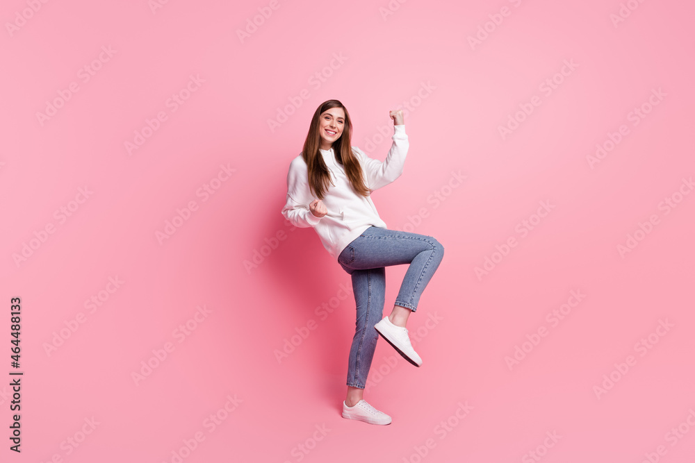 Full body profile side photo of young girl happy positive smile rejoice victory success isolated over pastel color background
