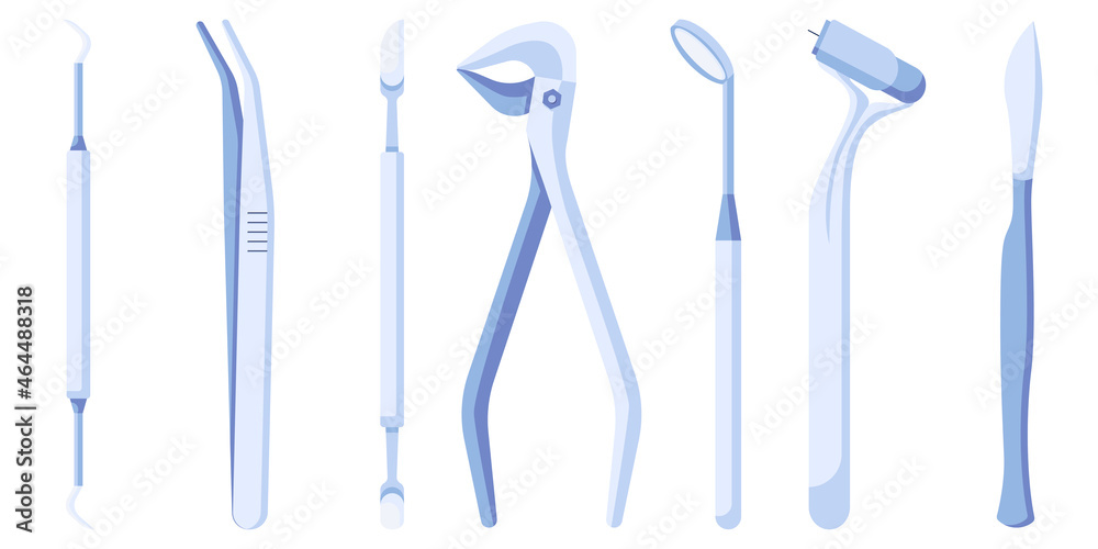 Dental tools and instruments icons set. Stomatology supplies vector icon in a flat style isolated on a white background. Vector illustration Dental tools and instruments icons set. Stomatology supplies vector icon in a flat style isolated on a white background. Vector illustration