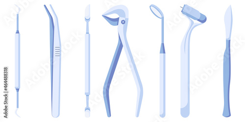 Dental tools and instruments icons set. Stomatology supplies vector icon in a flat style isolated on a white background. Vector illustration