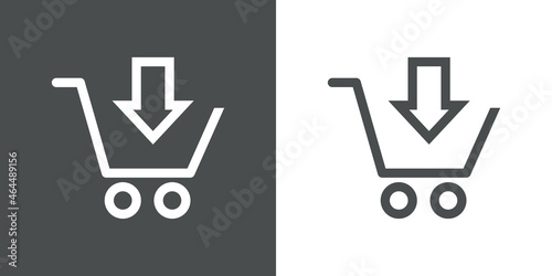 Add to cart. Logotipo con silueta de carrito de la compra con flecha con lineas en fondo gris y fondo banco