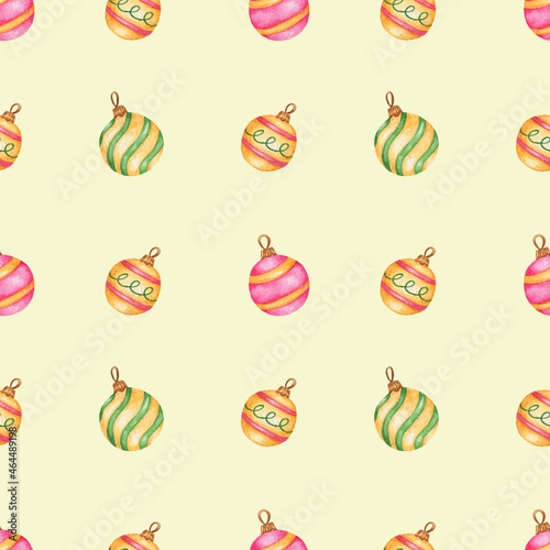 Watercolor seamless christmas toys pattern isolated on yellow background.Good for wrapping.