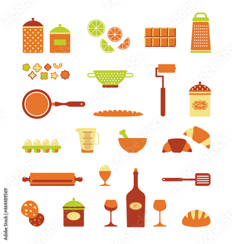 Vector set of food icons, bakery, kitchen equipment, utensil. Isolated objects on white background. A set of items on the theme of cooking. Flat cartoon vector illustration about food and cooking.
