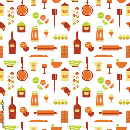 Seamless texture of food icons, bakery, kitchen equipment, utensil. Flat cartoon vector llustration about food and cooking.