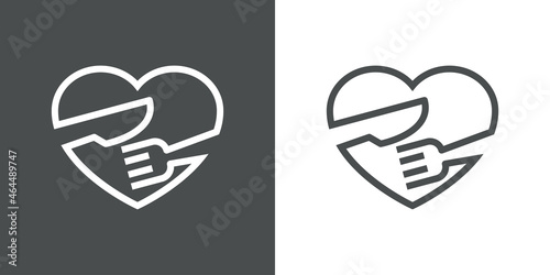 I love food. Cubiertos en corazón. Logotipo con silueta de tenedor y cuchillo en corazón con lineas en fondo gris y fondo blanco