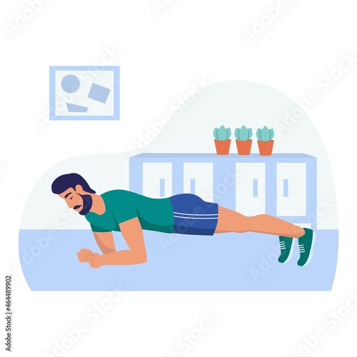A young man stands in the plank. Sports at home, street workout, healthy lifestyle. Flat cartoon vector illustration.