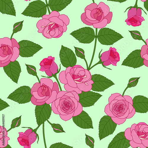 pink rose seamless pattern. vintage pink roses in the summer spring autumn garden with green leaves for fabric, paper, textile, dress, stationary, etc.