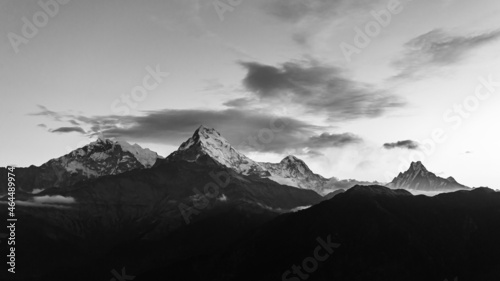 View of Annapurna mountain range from Poon Hill on sunrise. It's the famous view point in Gorepani village in Annapurna conservation area, Nepal. photo