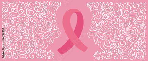 Stylized pink vector banner ribbon of Breast Canser for October is Cancer Awareness Month. Calligraphy illustration on pink flourish background