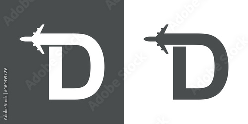 Logotipo con silueta de avión con trayectoria con forma de letra inicial D en fondo gris y fondo blanco