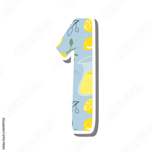 Cute number '1' one with Lemonade Pattern on white silhouette and gray shadow. Lovely letter design for decoration. Vector Illustration about lettering.