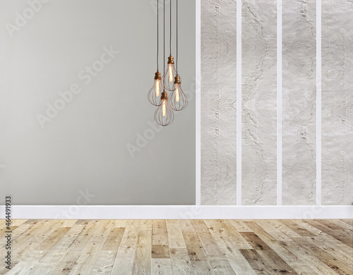empty interior design with wooden floor and decorative stone wall. 3D illustration